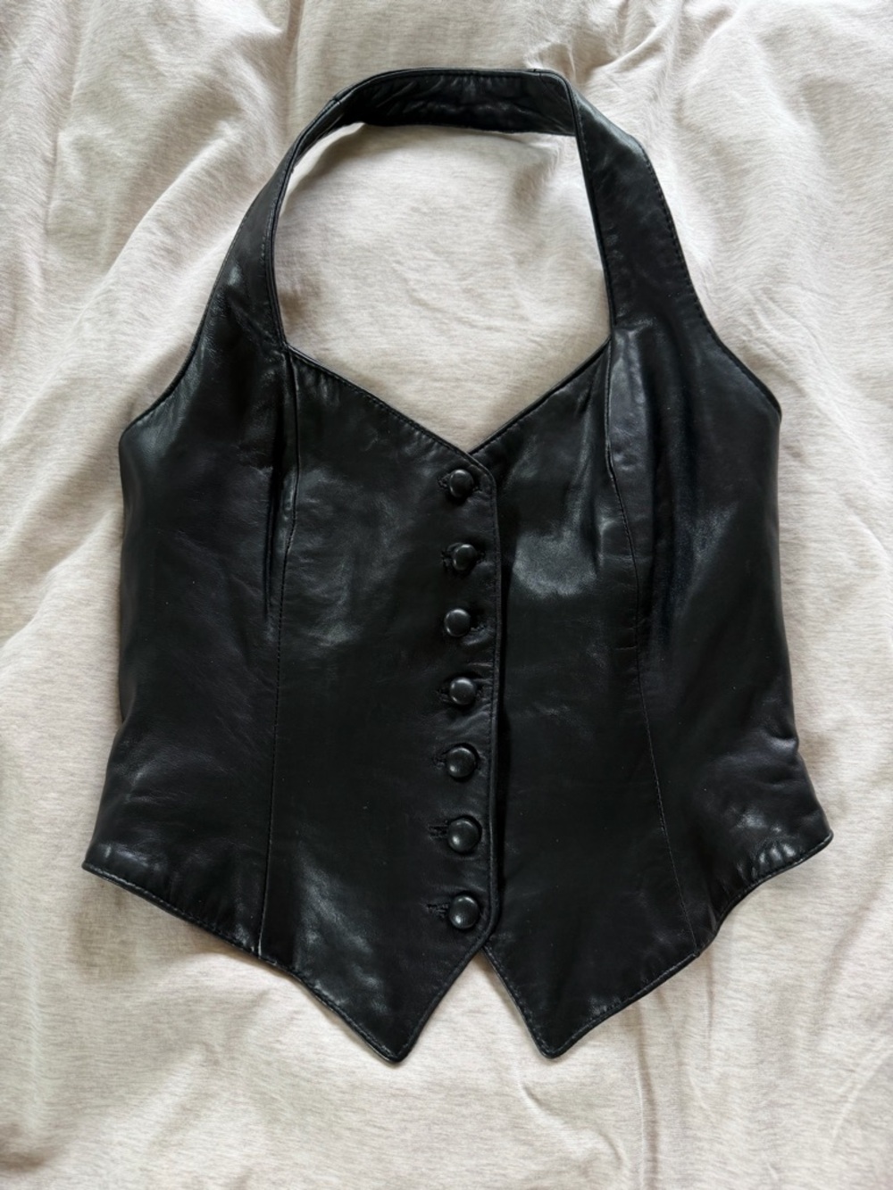 Vintage Black Leather Button-Front Halter Vest Top